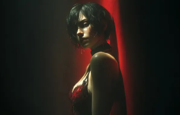 Girl, dress, look, Ada Wong, Residen Evil, dark background, choker, short cut