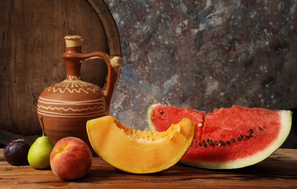Watermelon, pear, pitcher, fruit, still life, barrel, peach, melon
