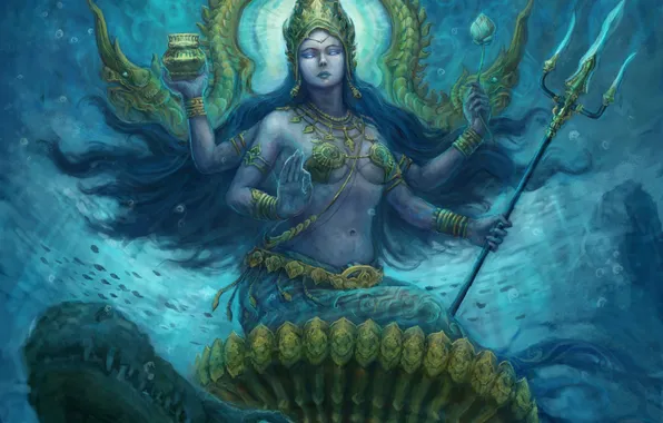 Picture water, fiction, art, deity, goddess, fantasy indian, Trident