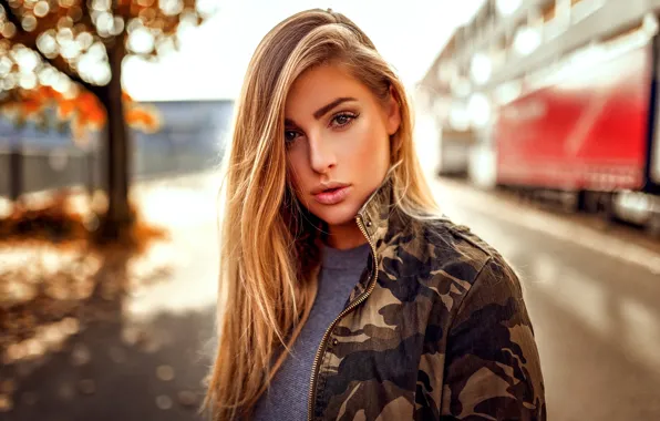 Autumn, the sun, portrait, makeup, jacket, hairstyle, blonde, beauty