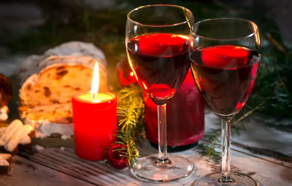 Wine, tree, candle, glasses, Christmas, New year, Christmas, wine