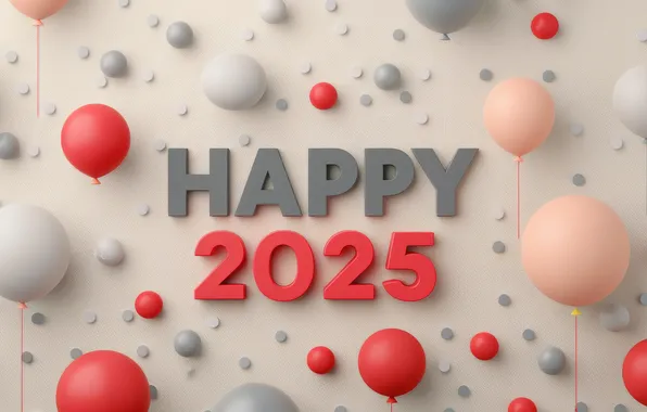 Balls, balloons, figures, red, New year, grey, date, 2025