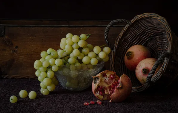 Green, the dark background, Board, grapes, bowl, still life, basket, grenades