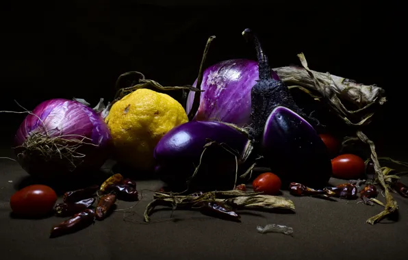 Blue, the dark background, lemon, bow, eggplant, pepper, still life, sharp
