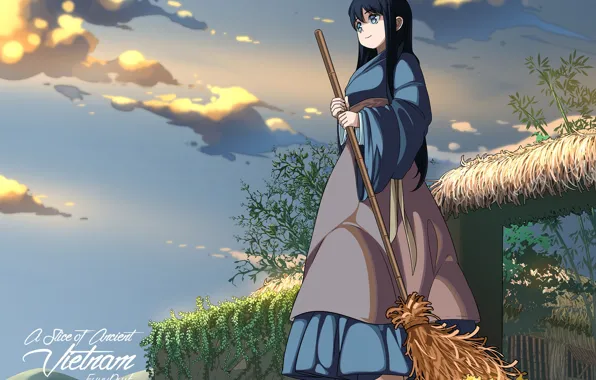 The sky, girl, the evening, broom