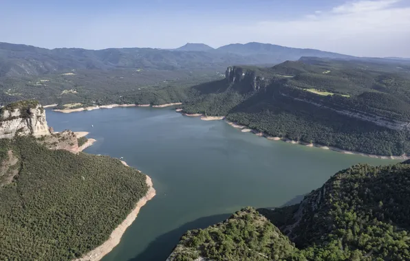 Forest, mountains, lake, panorama