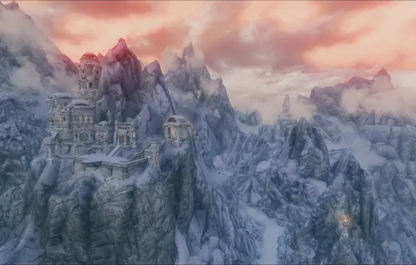 Snow, mountains, ruins, Skyrim, The Elder Scrolls V Skyrim, Skyrim, The Elder Scrolls