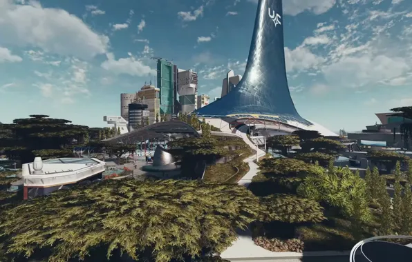 The sky, trees, the city, planet, tower, starfield