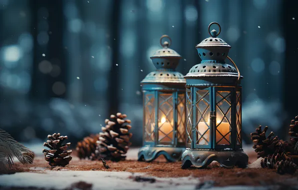 Winter, snow, night, Christmas, lantern, New year, Christmas, night