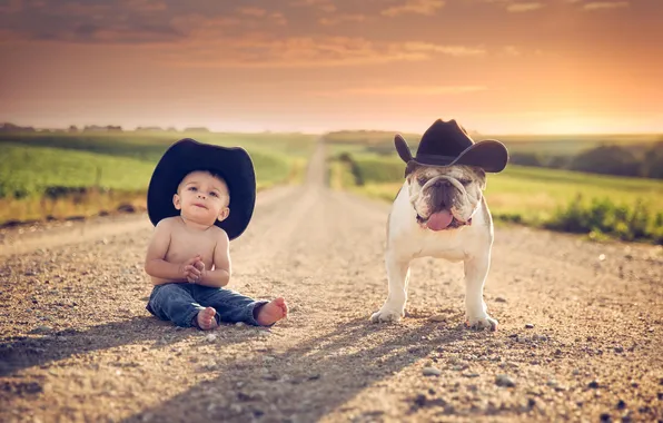 Road, dog, boy, friends, hats