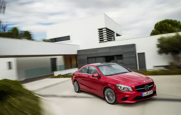 Mercedes-Benz, Red, Auto, House, The hood, Sedan, The front, Class