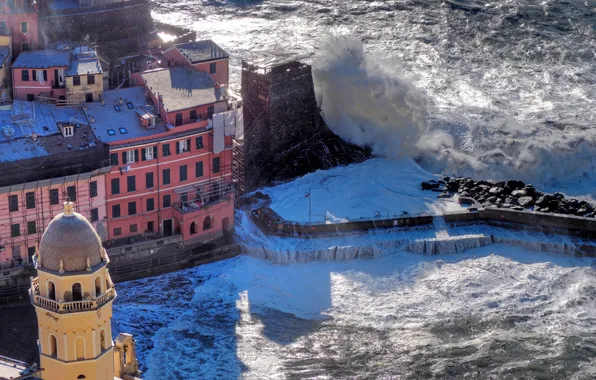 Sea, storm, rocks, tower, home, Italy, Vernazza, Cinque Terre