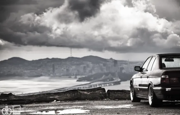 Landscape, mountains, clouds, lights, tuning, BMW, classic, stance