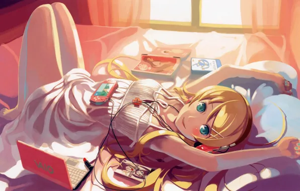 Picture books, headphones, girl, bed, lies, laptop, video game