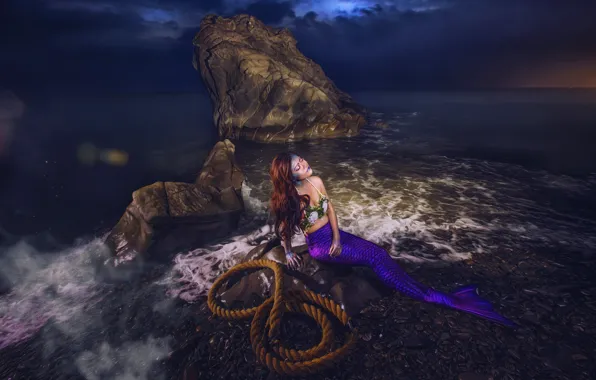 Picture sea, girl, rocks, mermaid, rope, Asian