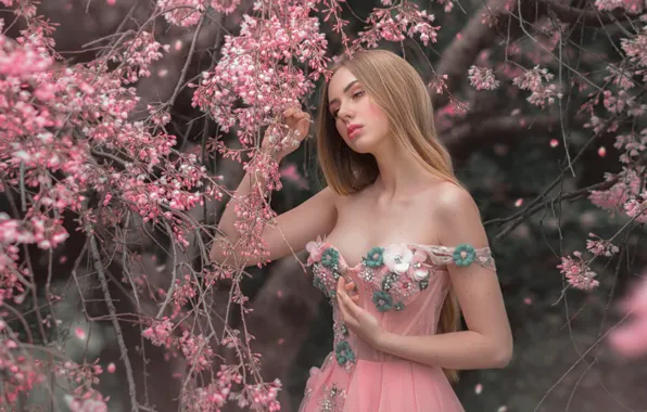 Chest, look, girl, decoration, flowers, branches, pose, mood