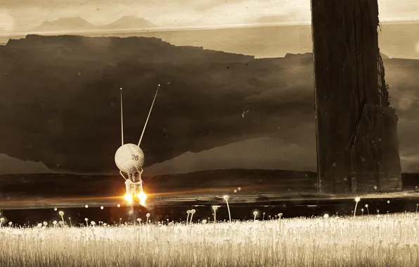 Field, mountains, fiction, art, dron