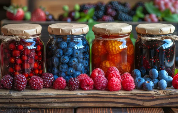 Glass, berries, raspberry, table, Board, blueberries, strawberry, banks