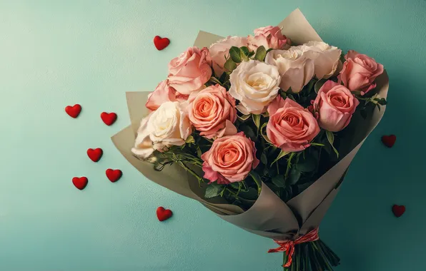 Love, flowers, holiday, heart, roses, bouquet, heart, hearts