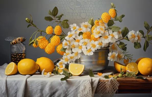 Flowers, bee, table, bouquet, still life, lemons, AI art, neural network