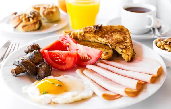 Mushrooms, Plate, Tomatoes, Food, Breakfast, Sausage, Scrambled eggs, Bread