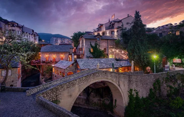 Picture bridge, the city, home, the evening, Bosnia and Herzegovina, Mostar, Konstantin Voronov