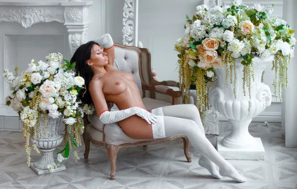Chest, flowers, sexy, pose, model, body, interior, stockings