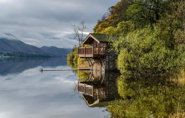 Picture the sky, clouds, trees, mountains, lake, house, balcony