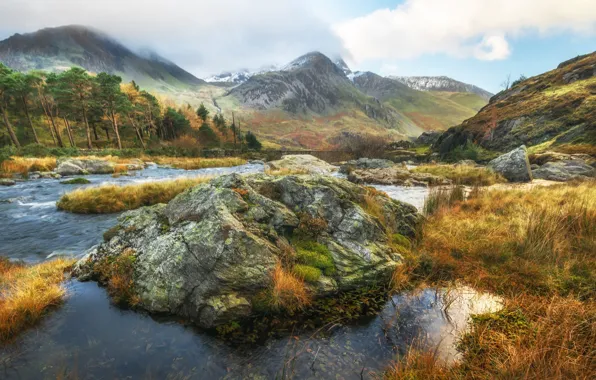 Trees, landscape, mountains, river, stones, stream, Wales