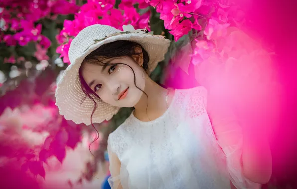 Beauty, Asian, white dress, brown eyes, pink flowers, beauty, brown eyes, charm