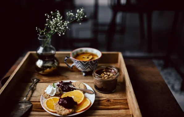 Flowers, the dark background, table, tea, bouquet, oranges, Breakfast, cookies