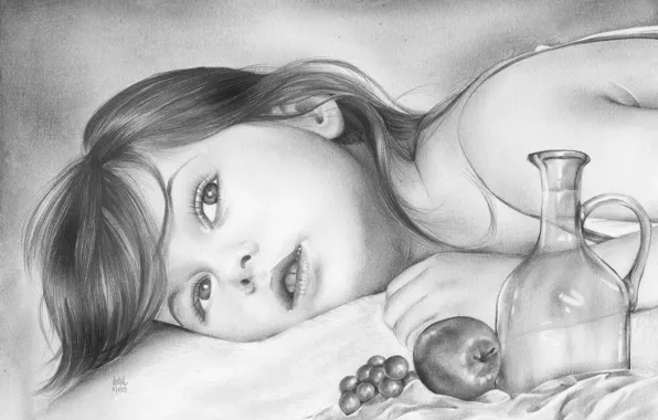 Look, face, Apple, child, grapes, girl, lies, pencil