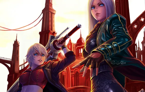 Picture the city, weapons, girls, sword, art, devil may cry, dantewontdie