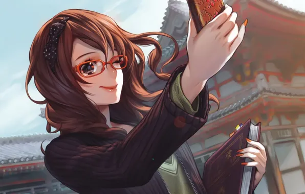 Picture girl, art, glasses, temple, book, photographs, cell phone, midori foo