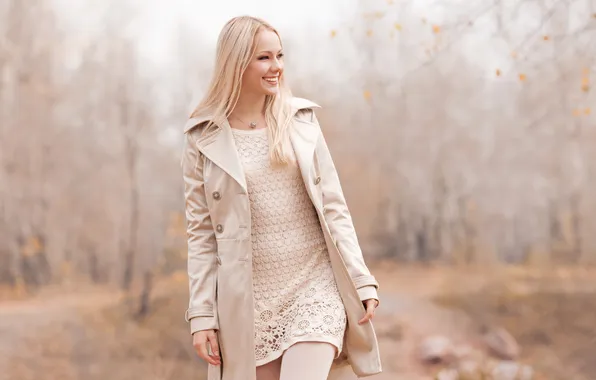 Picture autumn, girl, branches, smile, dress, blonde, coat