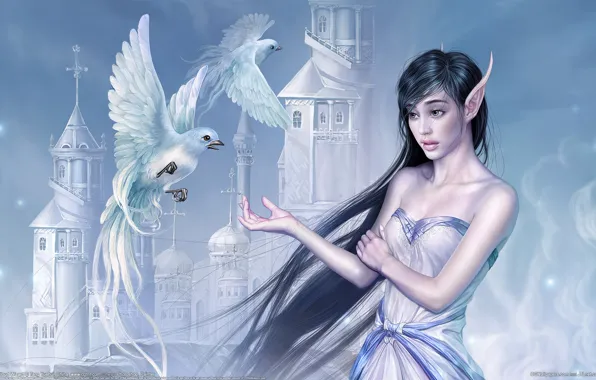 Girl, birds, castle, Wallpaper, China, elf, fantasy, China