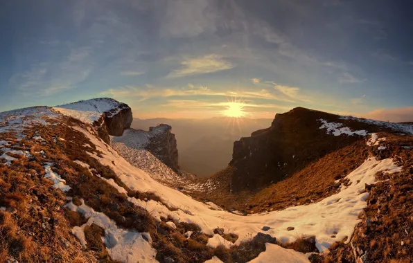 Winter, snow, mountains, dawn