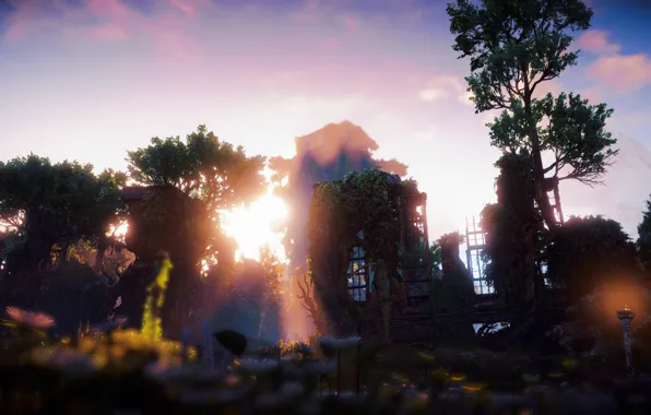 Landscape, Sunset, The sun, The sky, Nature, Grass, Trees, Ruins