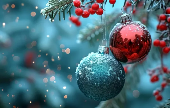 Balls, branches, red, berries, blue, ball, Christmas, New year