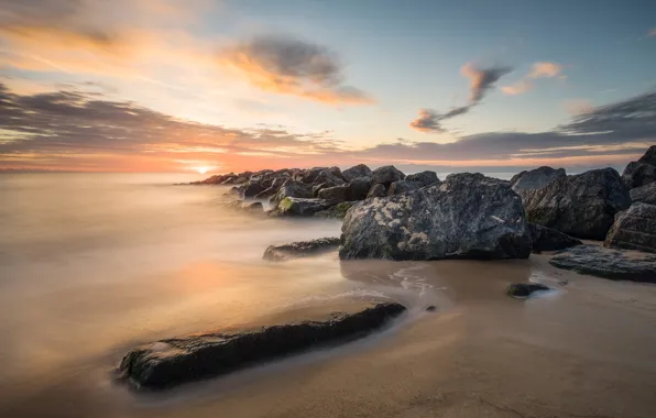 Sand, sea, beach, the sky, the sun, clouds, stones, dawn