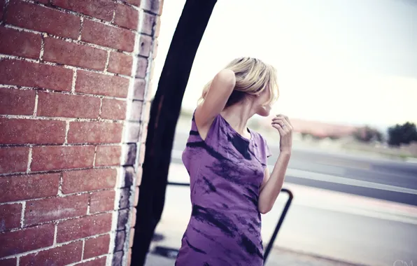 Girl, wall, dress, woman, bricks, model, purple, blonde
