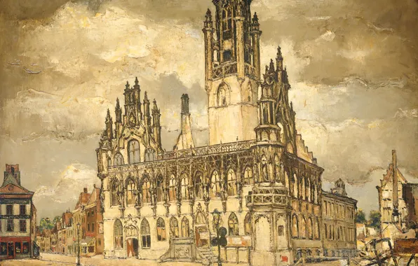 Oil, picture, canvas, 1940, The desolate city Hall in Middelburg, Reimond Kimpe