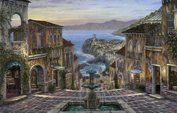 Sea, coast, home, the evening, Italy, pictures, fountain, painting