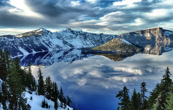 Winter, water, snow, trees, mountains, lake, reflection, USA