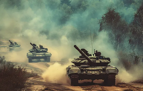 Trees, Smoke, Retro, Tanks, Digital art, AI art, The Art of Artificial Intelligence, Neural network