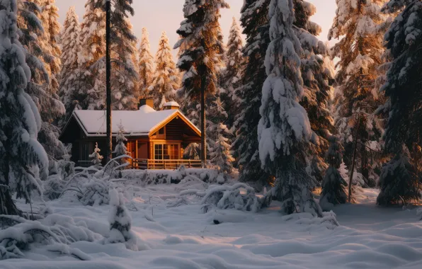 Winter, forest, snow, house, house, hut, forest, winter