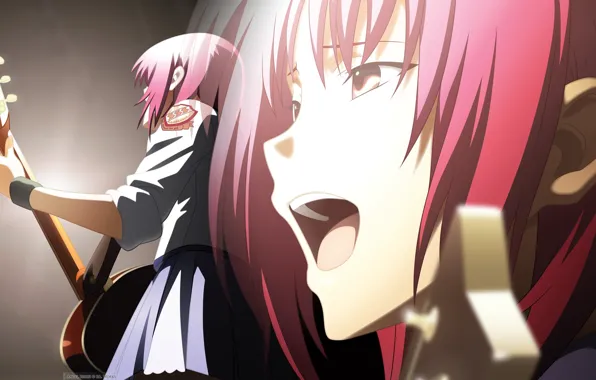 Face, guitar, emblem, schoolgirl, school uniform, pink hair, singing, Iwasawa Asami