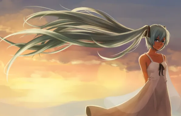Picture look, girl, sunset, smile, the wind, vocaloid, hatsune miku, Vocaloid