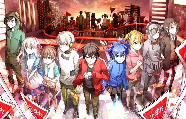 Picture sunset, the city, girls, home, anime, headphones, signs, art