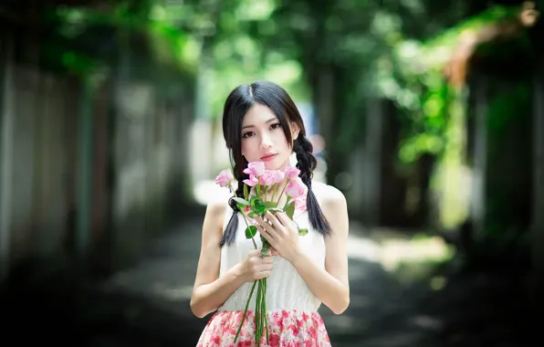 Picture girl, flowers, Asian